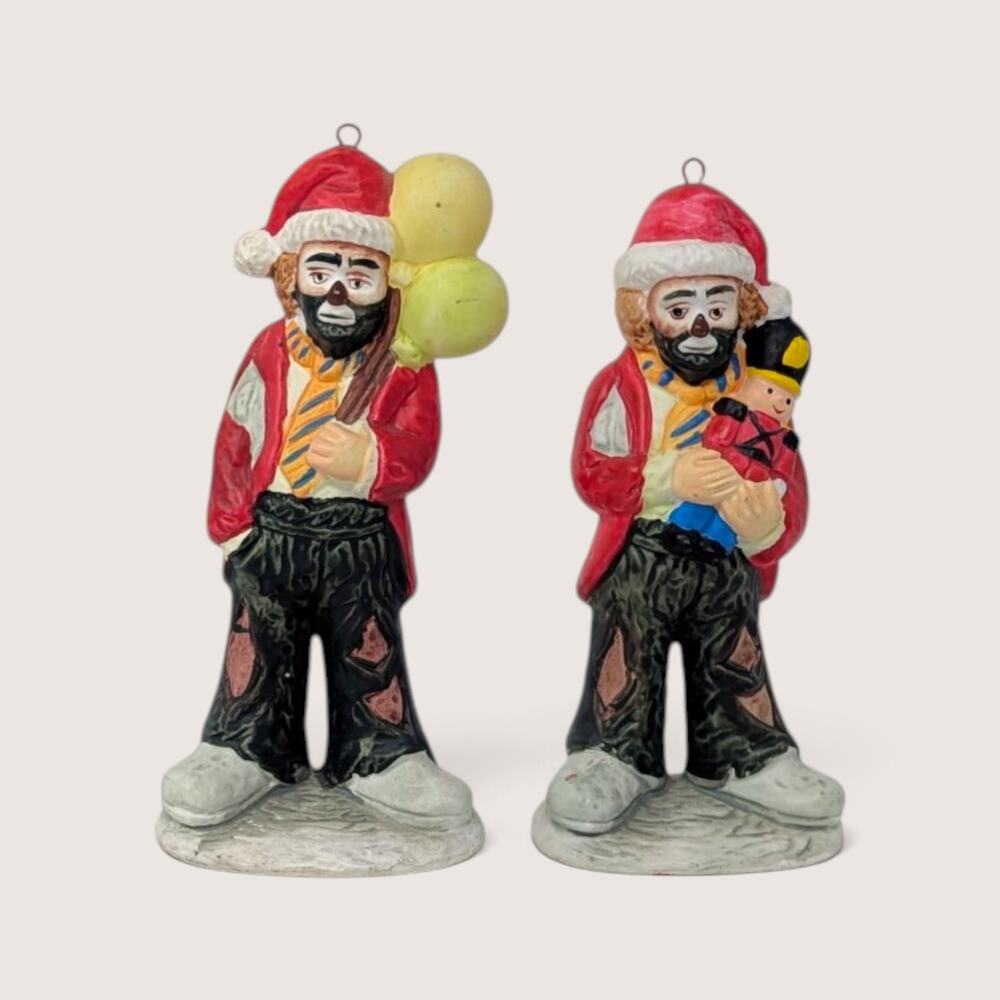 Vintage Emmett Kelly Jr Hobo Clown Christmas Ornaments Pair Flambro Bone China
